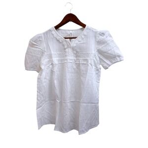 Falechay White Lace Trim Swiss‎ Dot Blouse Short Puff Sleeve Rayon Top M/ #26336